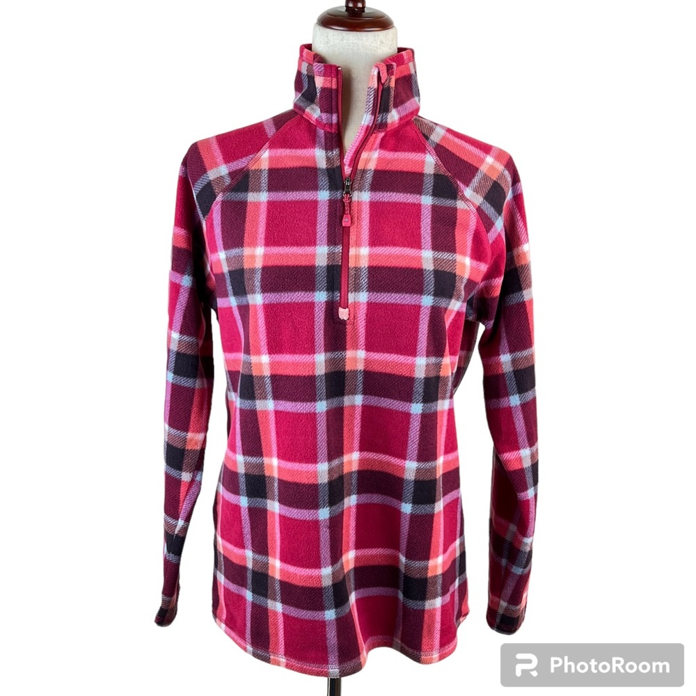 Eddie Bauer Sherpa Fleece Plaid Pullover Jacket Red Pink Black Gray Sz M